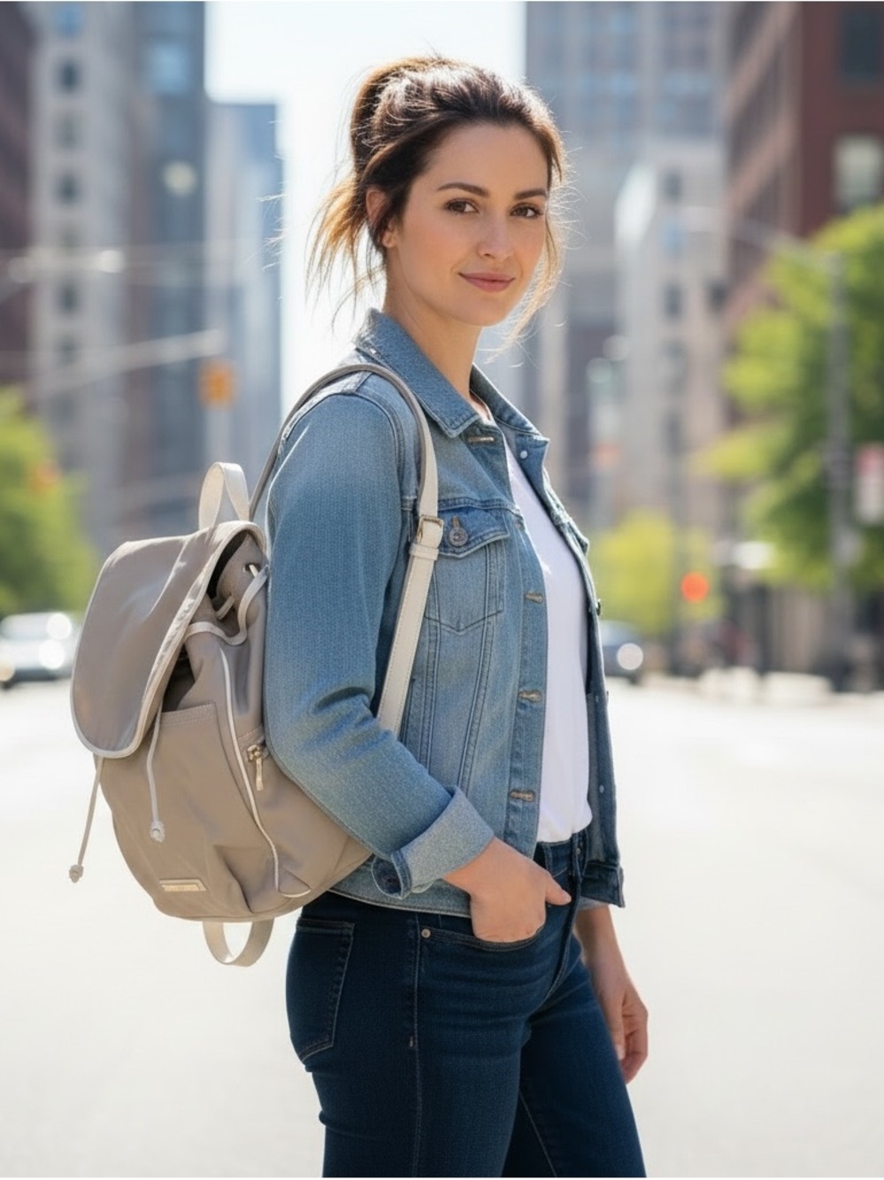 Brahmin taupe Backpack with Flap and Drawstring Closure